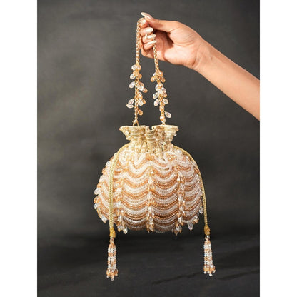 House Of Kosha Gulzar Gold Georgette Embellished Potli with Detachable Sling Chain