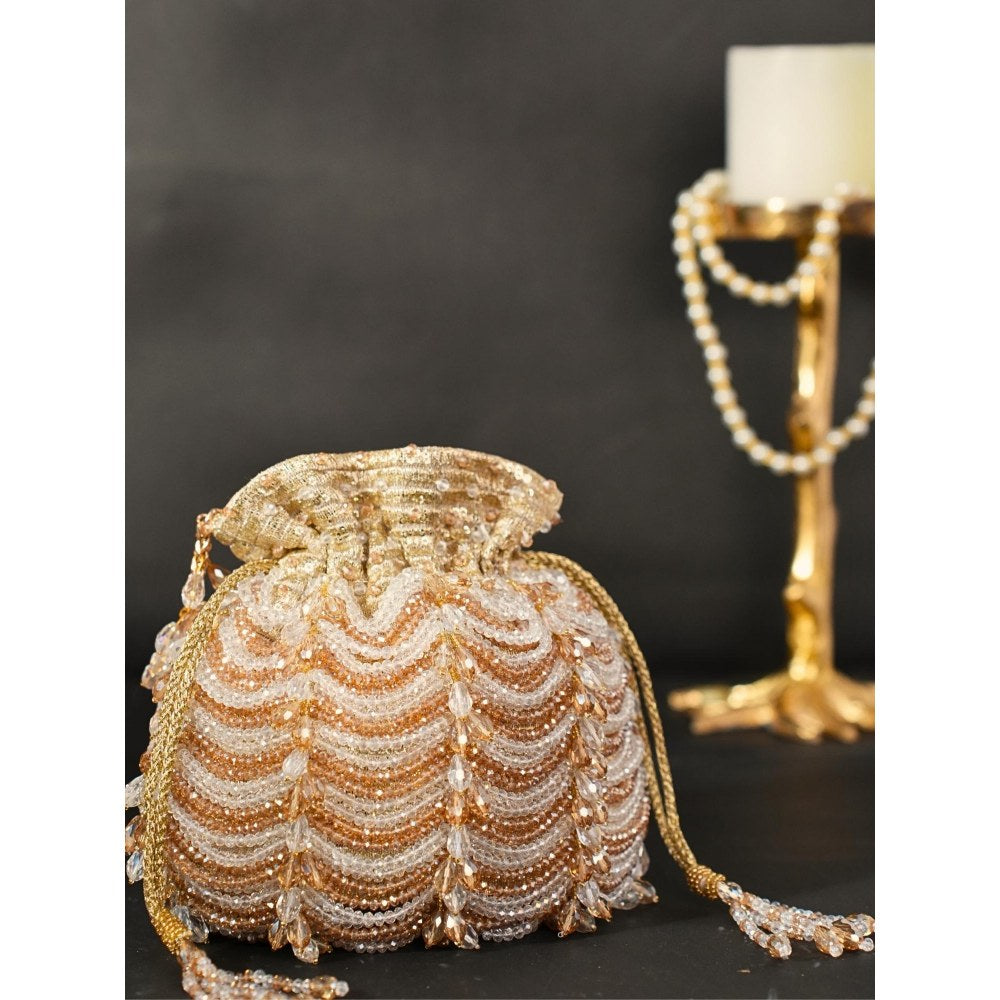 House Of Kosha Gulzar Gold Georgette Embellished Potli with Detachable Sling Chain