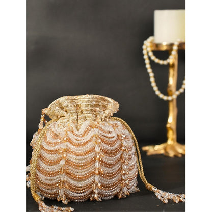 House Of Kosha Gulzar Gold Georgette Embellished Potli with Detachable Sling Chain