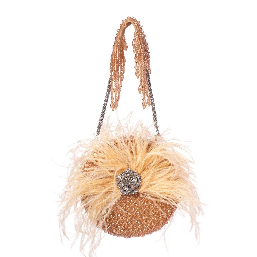 House Of Kosha Kiraz Gold Suede Embellished Clutch with Detachable Sling Chain