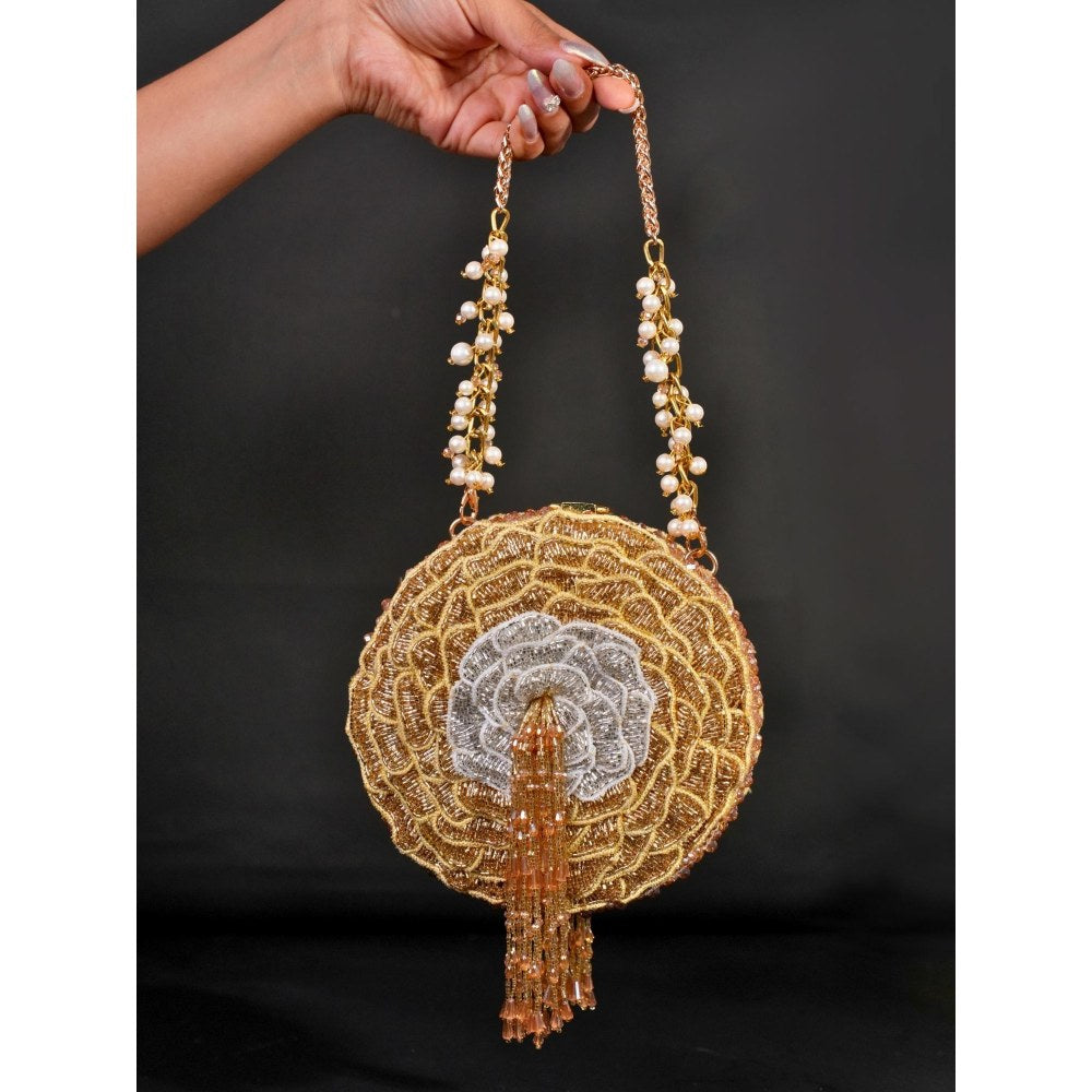 House Of Kosha Ella Gold Suede Embellished Clutch with Detachable Sling Chain