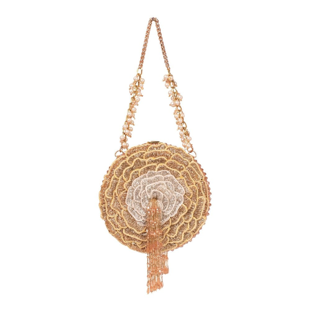 House Of Kosha Ella Gold Suede Embellished Clutch with Detachable Sling Chain