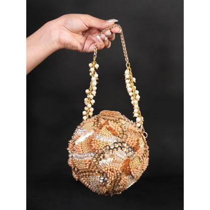 House Of Kosha Amna Gold Suede Embellished Clutch with Detachable Sling Chain
