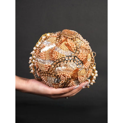 House Of Kosha Amna Gold Suede Embellished Clutch with Detachable Sling Chain