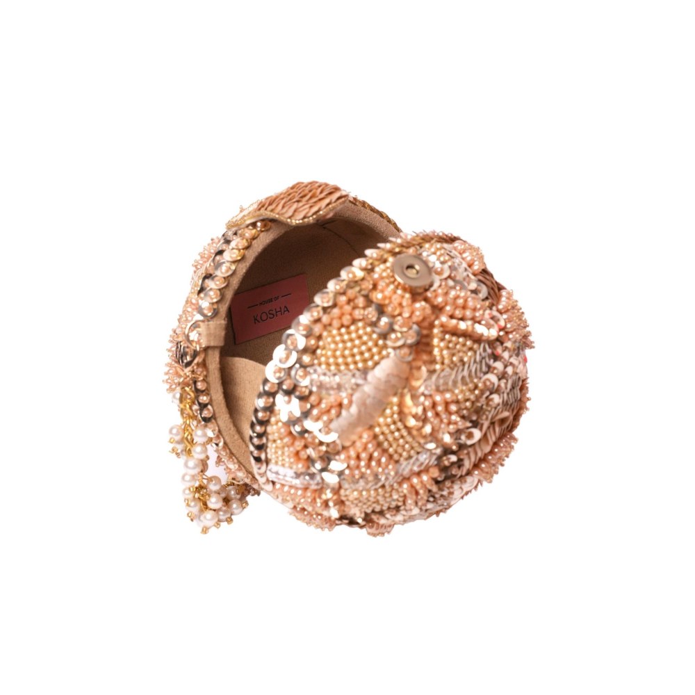 House Of Kosha Amna Gold Suede Embellished Clutch with Detachable Sling Chain