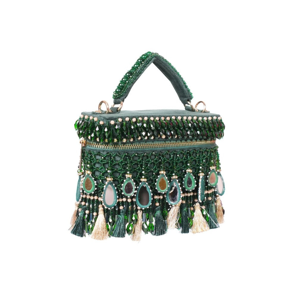 House Of Kosha Mirage Green Mirrorwork Embellished Clutch