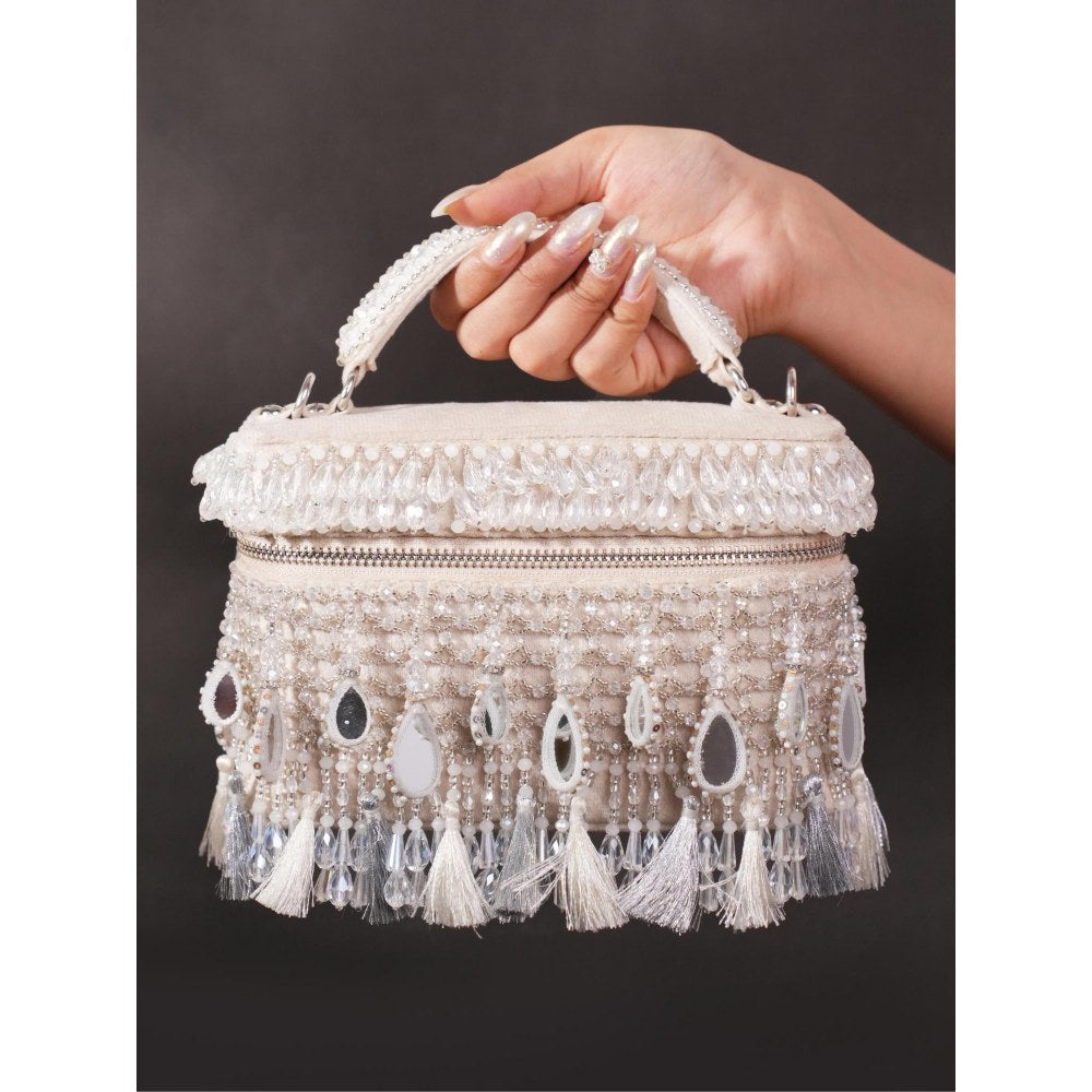 House Of Kosha Mirage Silver Mirrorwork Embellished Clutch