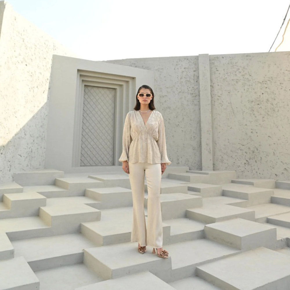 House of duti Amelie Off White Self Design Co-Ord (Set of 2)