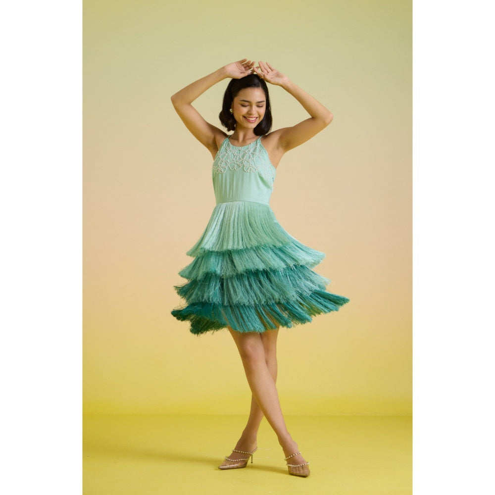 HOUSE OF HEATHER Blue Mint Embroidered Swirl Mini Dress