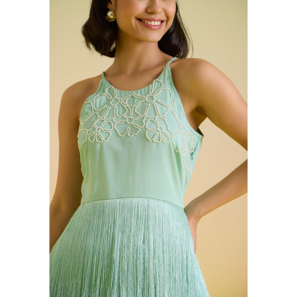 HOUSE OF HEATHER Blue Mint Embroidered Swirl Mini Dress