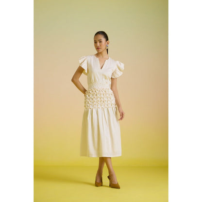 HOUSE OF HEATHER Off White Vanilla Smocked Pearl Midi Dress