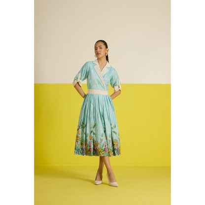 HOUSE OF HEATHER Blue Costabella Half Sleeve Midi Dress