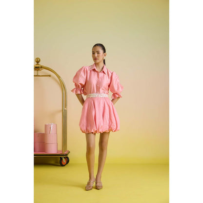 HOUSE OF HEATHER Bubble - gum Embroidered Shirt with Skirt - Pink