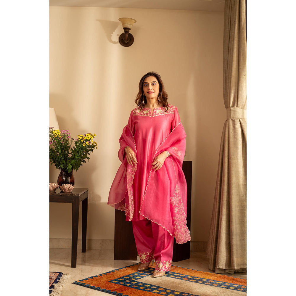 House of Inari Kaner Candy Pink Embroidered Kurta with Salwar and Dupatta