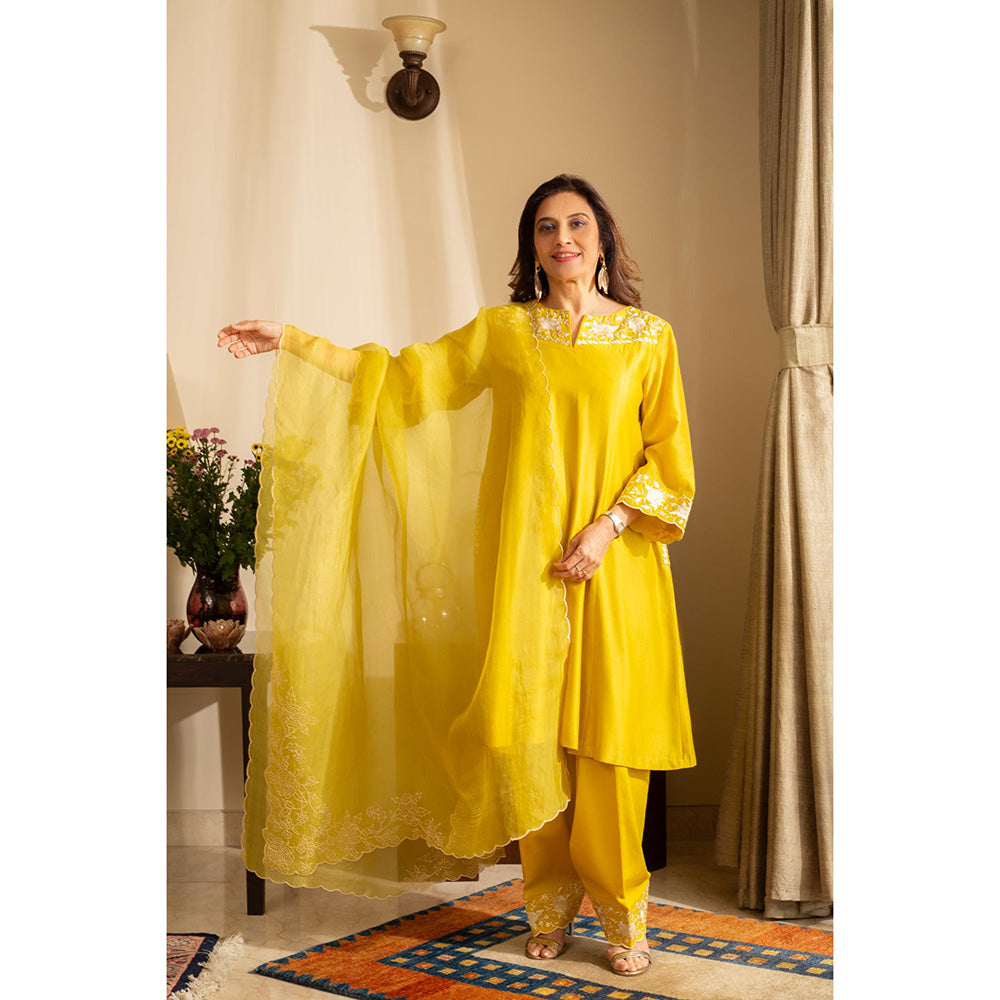 House of Inari Yellow Kaner Embroidered Kurta with Salwar and Dupatta