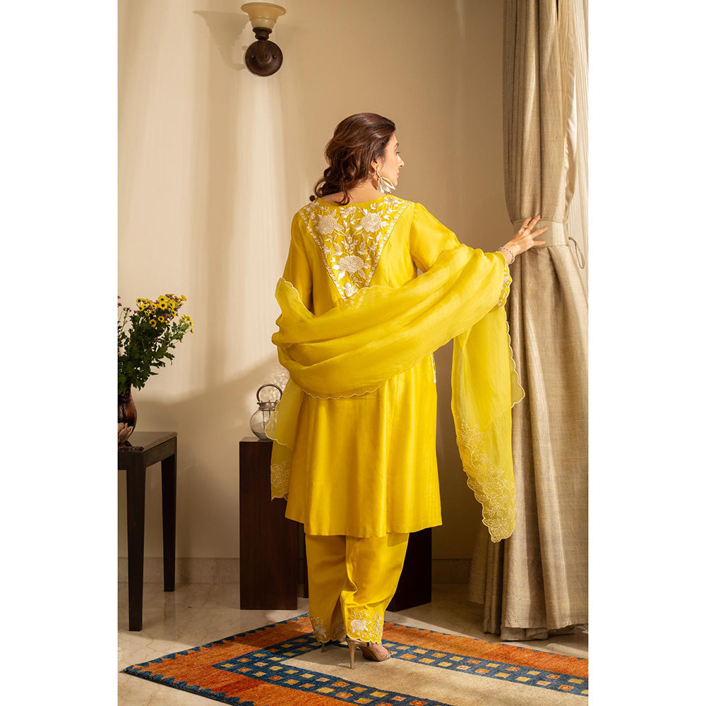 House of Inari Yellow Kaner Embroidered Kurta with Salwar and Dupatta