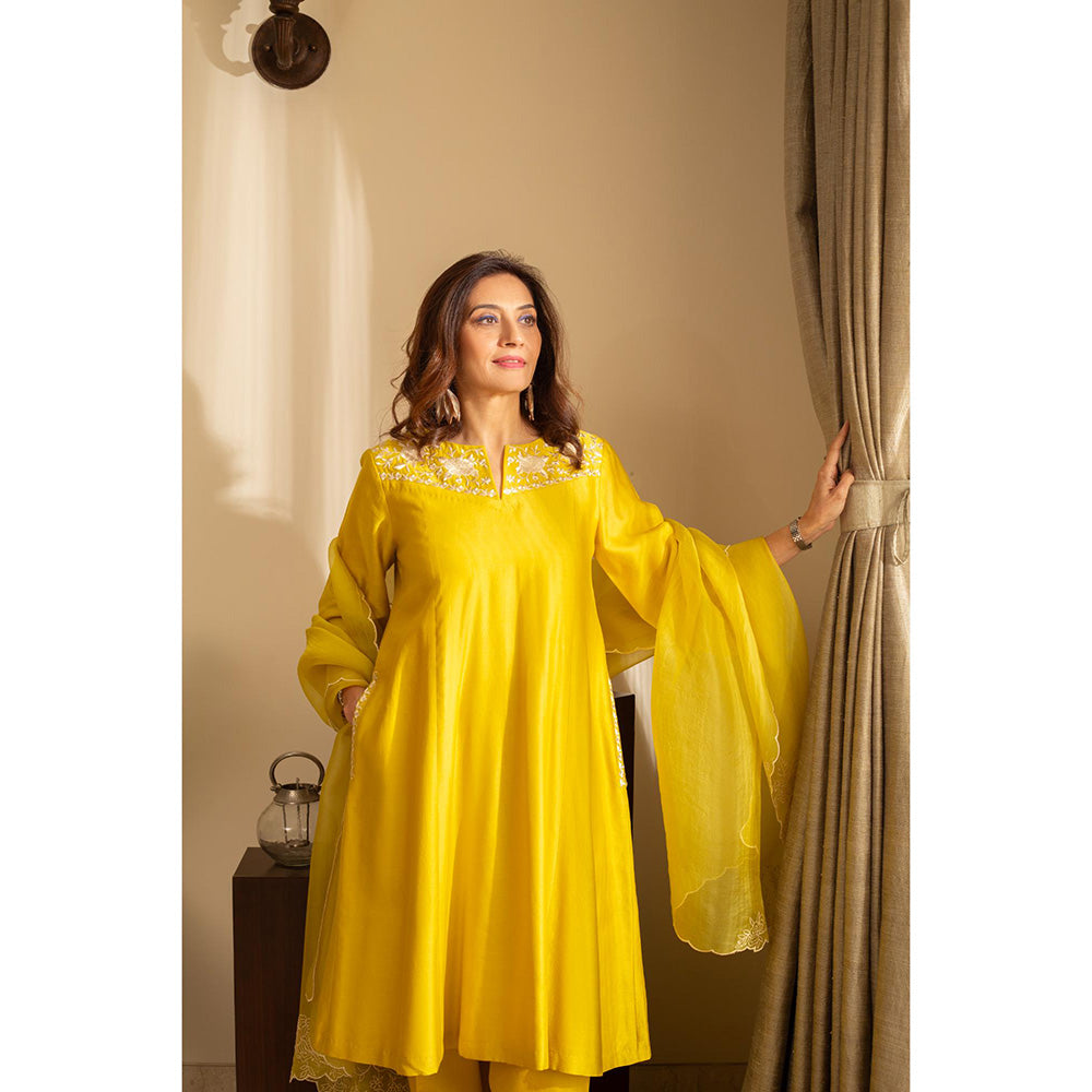 House of Inari Yellow Kaner Embroidered Kurta with Salwar and Dupatta