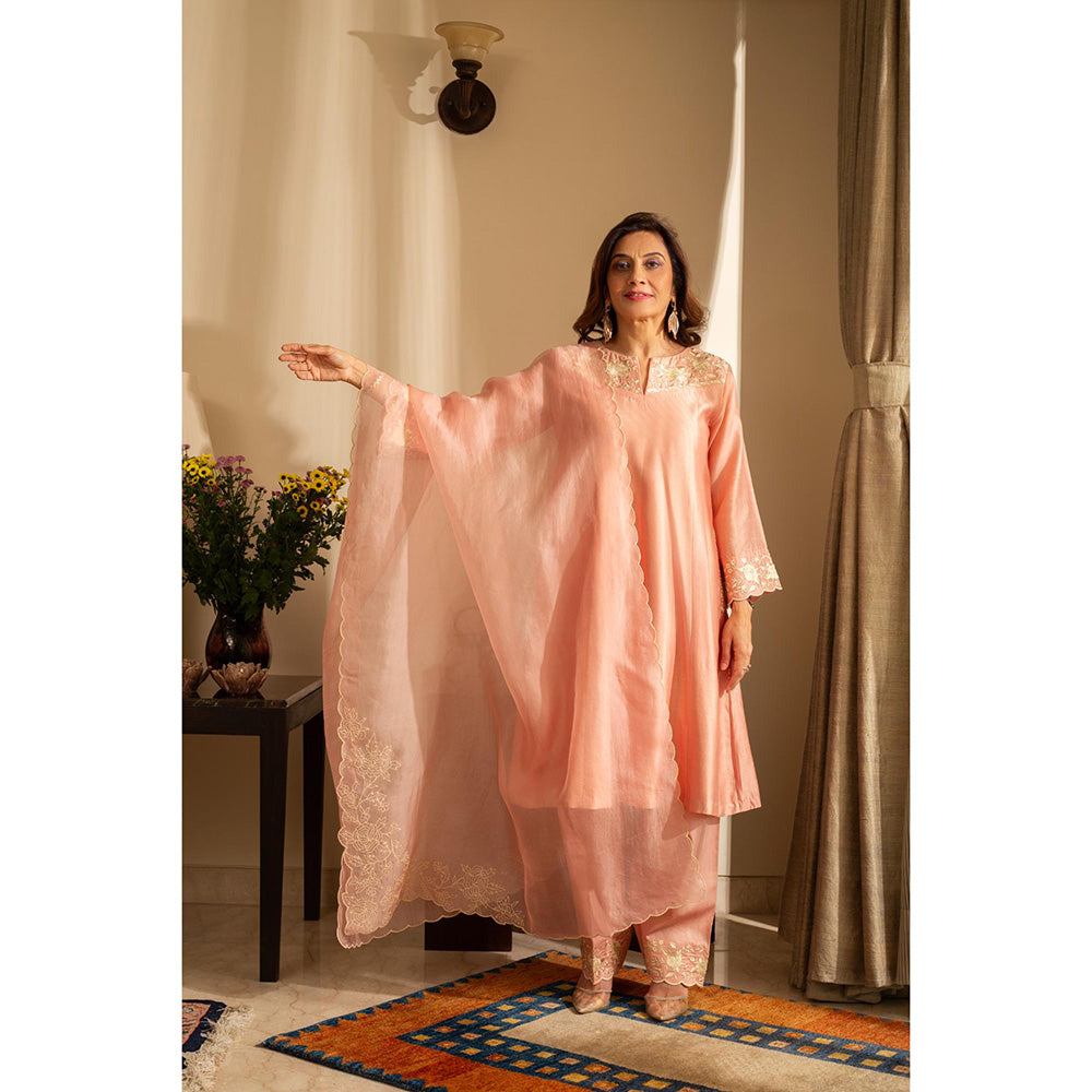 House of Inari Kaner Pastel Peach Embroidered Kurta with Salwar and Dupatta