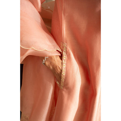 House of Inari Kaner Pastel Peach Embroidered Kurta with Salwar and Dupatta
