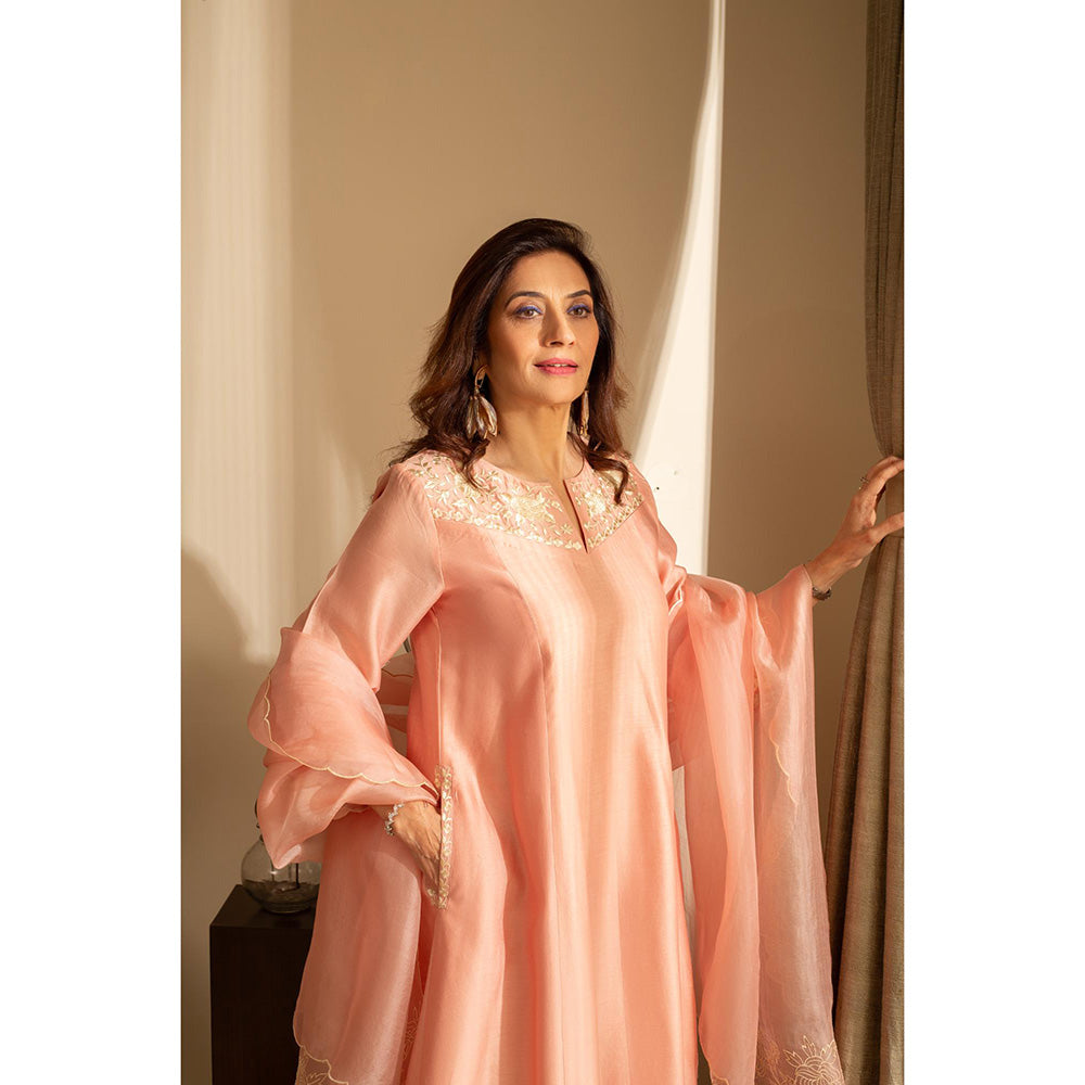 House of Inari Kaner Pastel Peach Embroidered Kurta with Salwar and Dupatta