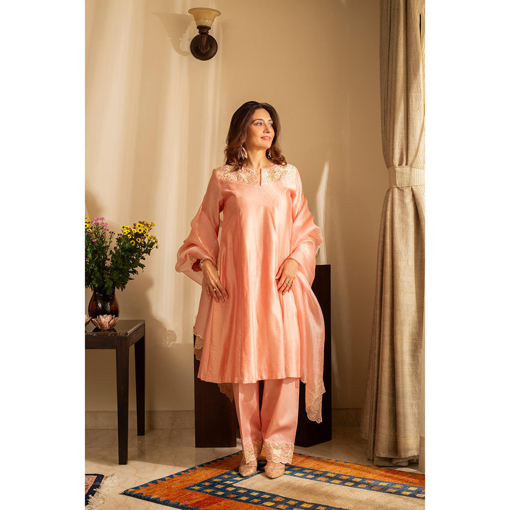 House of Inari Kaner Pastel Peach Embroidered Kurta with Salwar and Dupatta