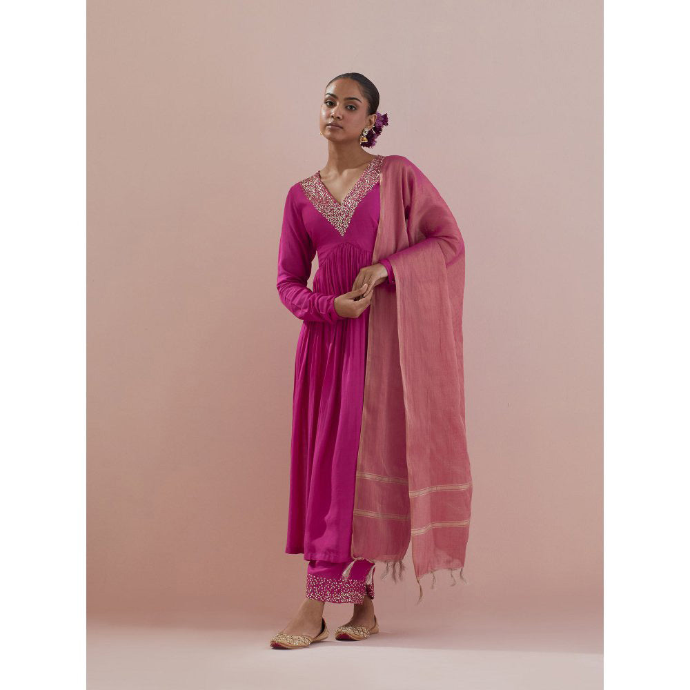 Ikshita Choudhary Pink Embellished Anarkali Kurta with Pant and Dupatta (Set of 3)