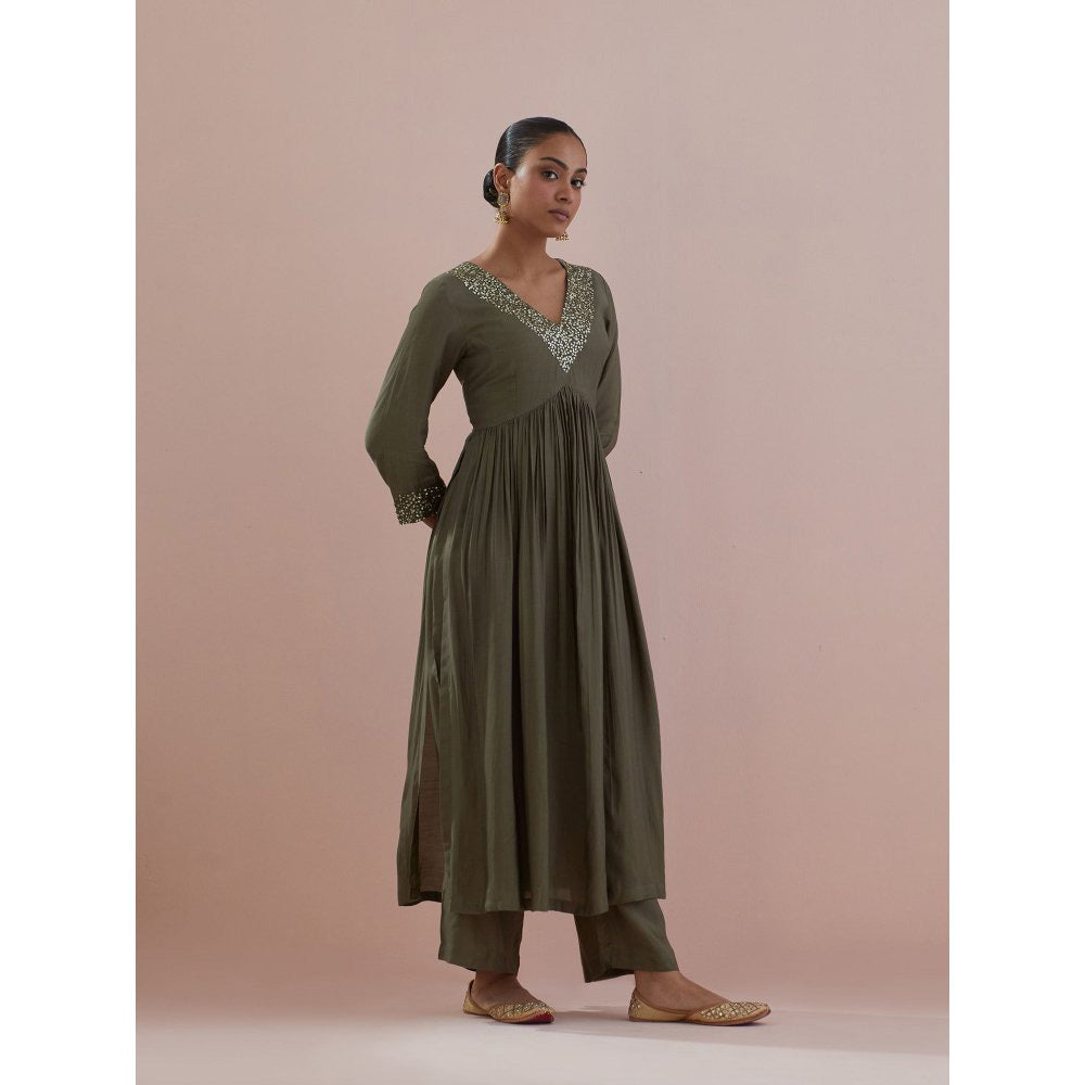 Ikshita Choudhary Olive Embellished Anarkali Kurta with Pant and Dupatta (Set of 3)