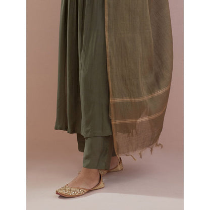 Ikshita Choudhary Olive Embellished Anarkali Kurta with Pant and Dupatta (Set of 3)