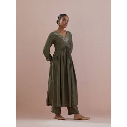 Ikshita Choudhary Olive Embellished Anarkali Kurta with Pant (Set of 2)