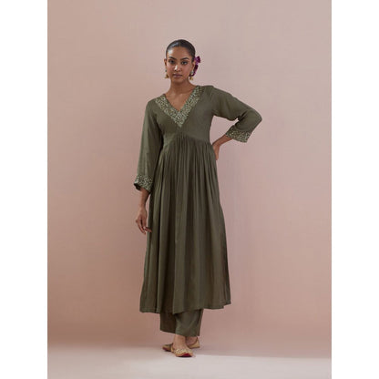 Ikshita Choudhary Olive Embellished Anarkali Kurta with Pant (Set of 2)