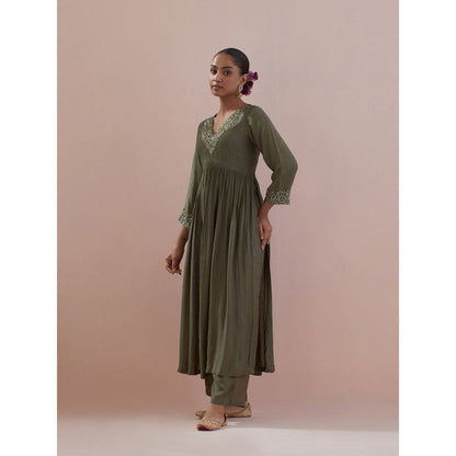 Ikshita Choudhary Olive Embellished Anarkali Kurta with Pant (Set of 2)