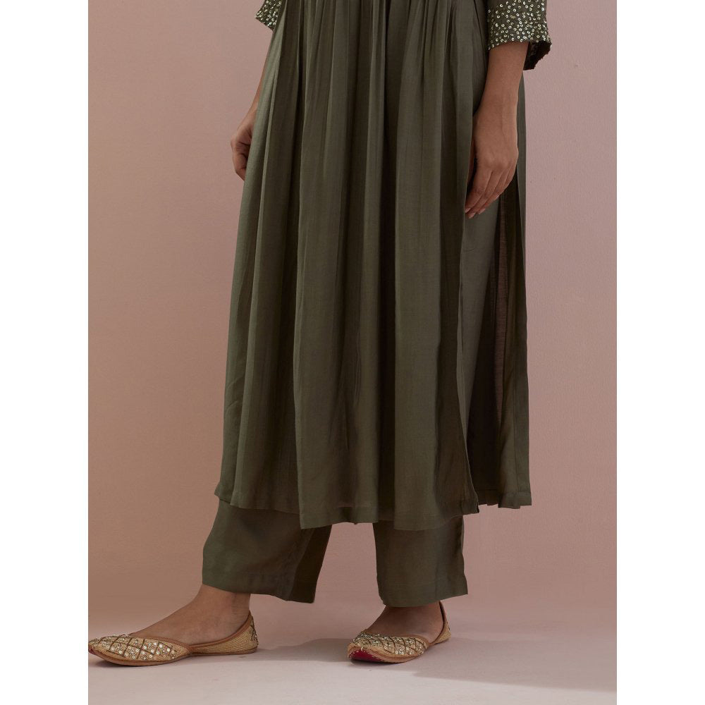 Ikshita Choudhary Olive Embellished Anarkali Kurta with Pant (Set of 2)