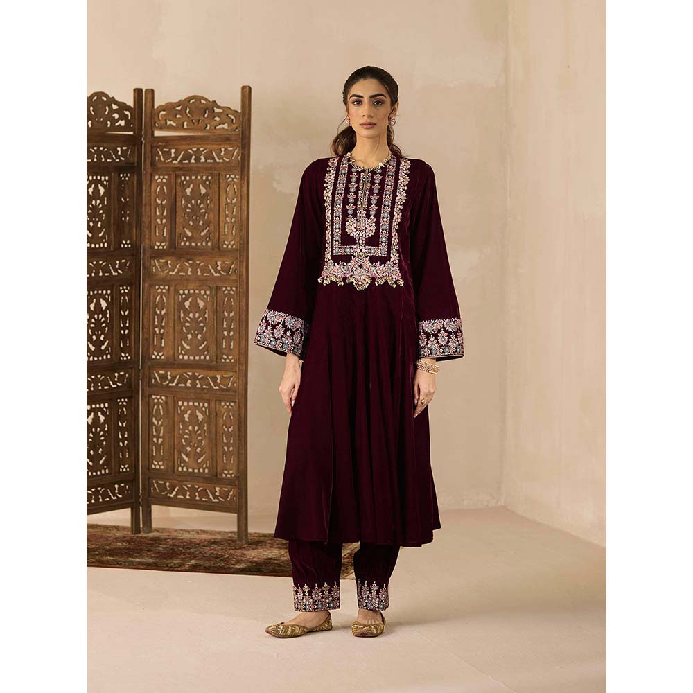Inej Maroon Kali Anarkali Kurta with Salwar (Set of 2)
