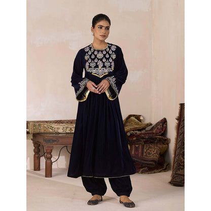 Inej Navy Blue Front Gather Kurta with Pant (Set of 2)