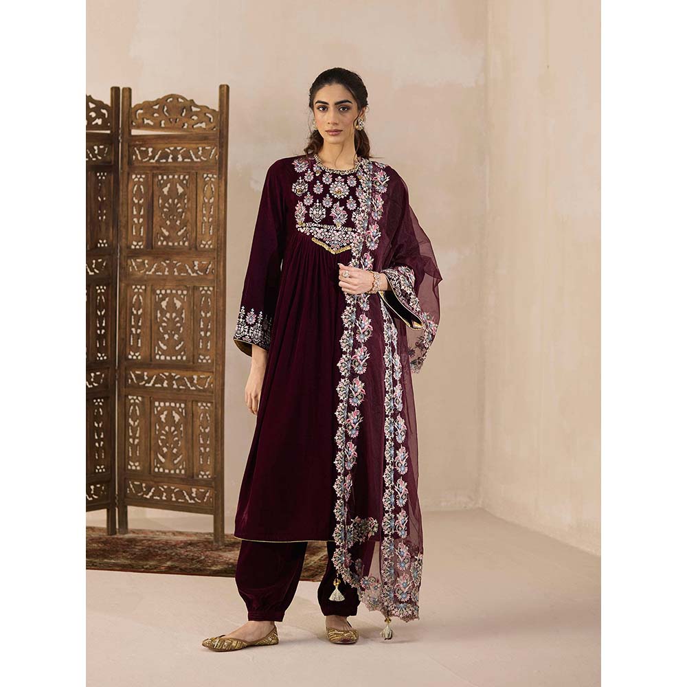 Inej Maroon Front Gather Kurta with Pant (Set of 2)