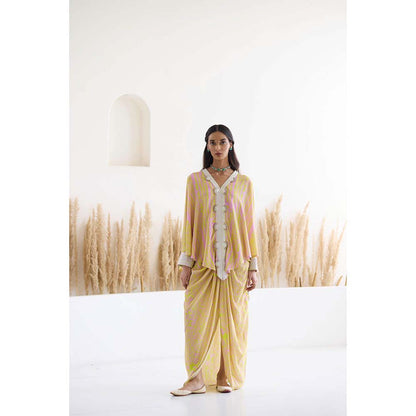 Inej Lakeer Yellow Drape Dhoti with Top (Set of 2)