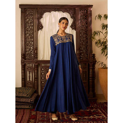 Inej Leher Navy Blue Long Kali Anarkali with Churidar (Set of 2)