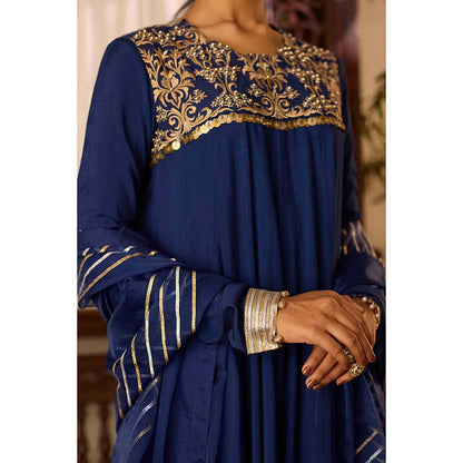 Inej Leher Navy Blue Long Kali Anarkali with Churidar (Set of 2)