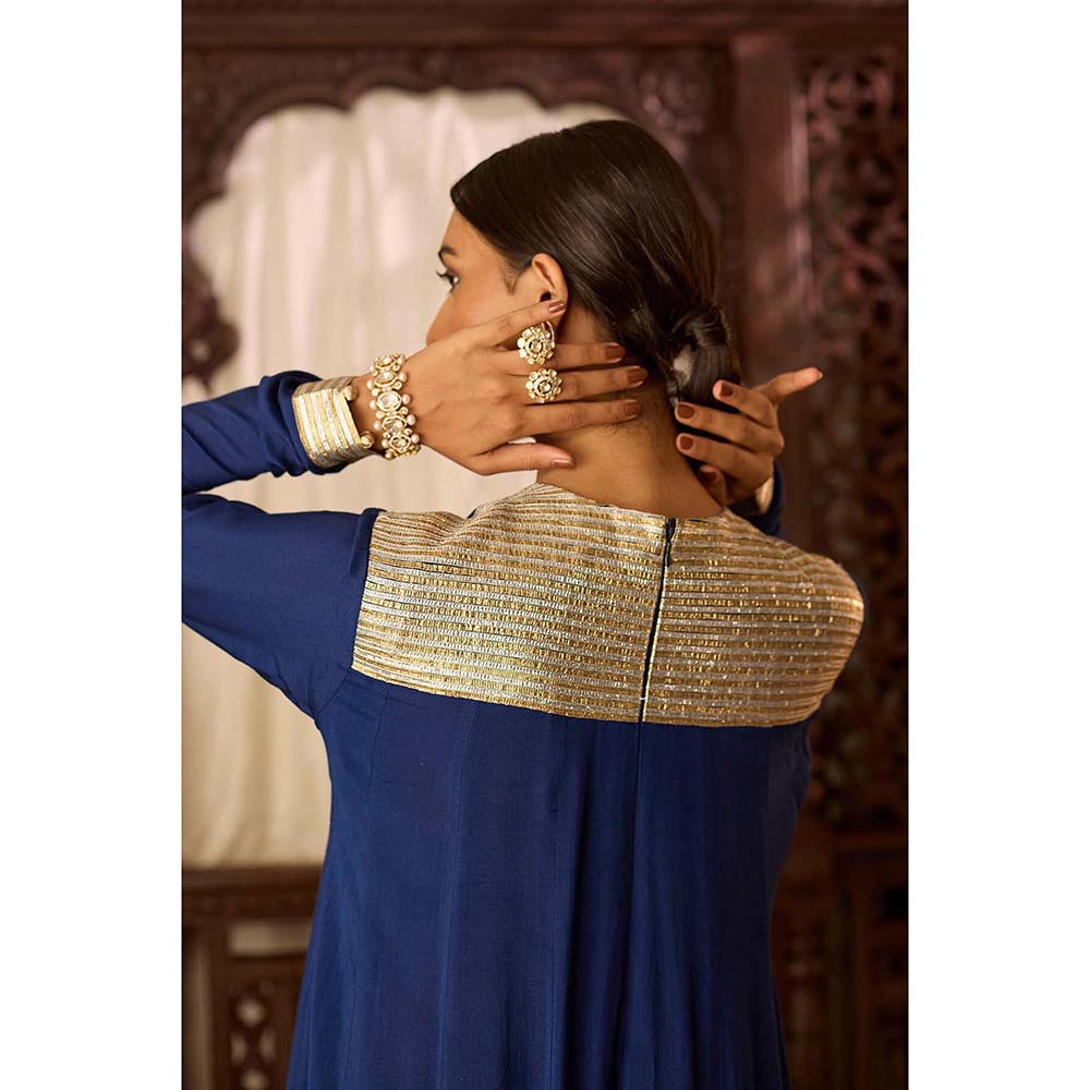 Inej Leher Navy Blue Long Kali Anarkali with Churidar (Set of 2)