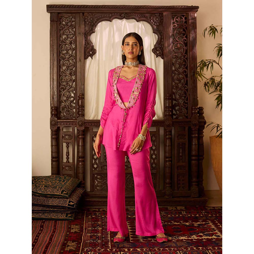 Inej Leher Hot Pink Bustier with Pant and Jacket (Set of 3)