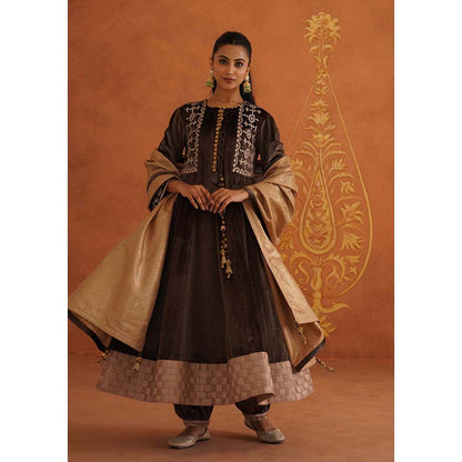 Inej Zeba Brown Anarkali with Salwar and Dupatta (Set of 3)