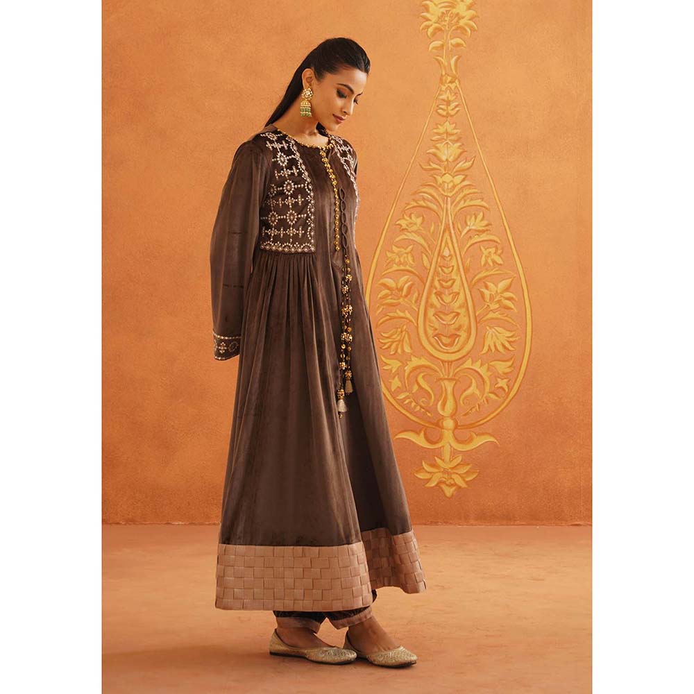 Inej Zeba Brown Anarkali with Salwar and Dupatta (Set of 3)