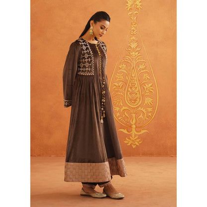 Inej Zeba Brown Anarkali with Salwar and Dupatta (Set of 3)