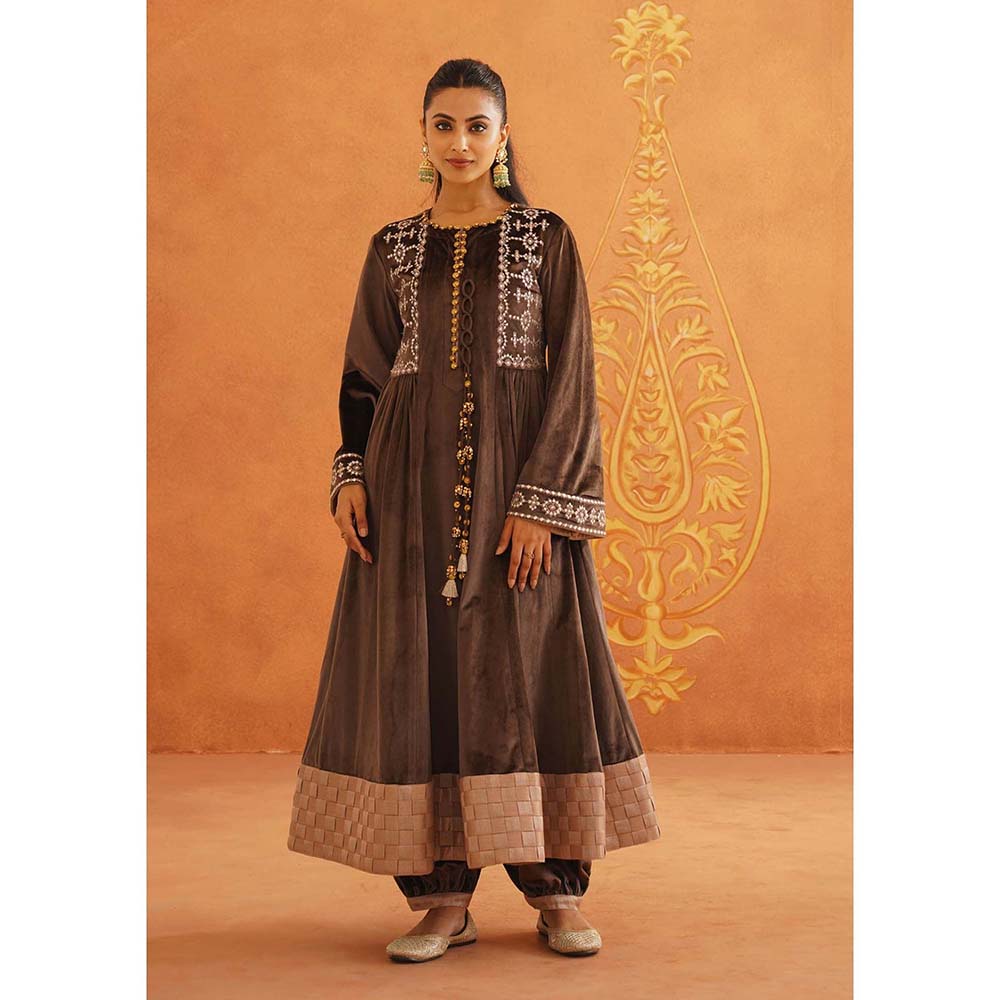 Inej Zeba Brown Anarkali with Salwar and Dupatta (Set of 3)