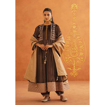Inej Zeba Brown Anarkali with Salwar and Dupatta (Set of 3)