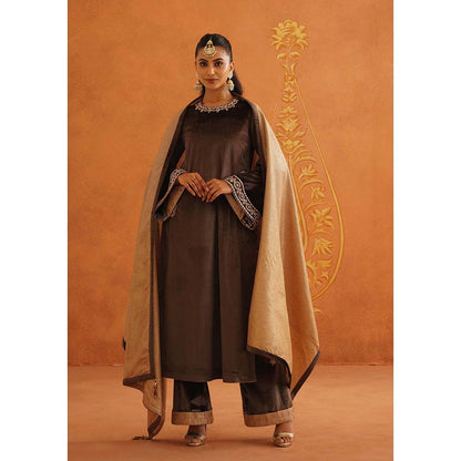 Inej Zeba Brown Straight Kurta with Palazzo and Dupatta (Set of 3)