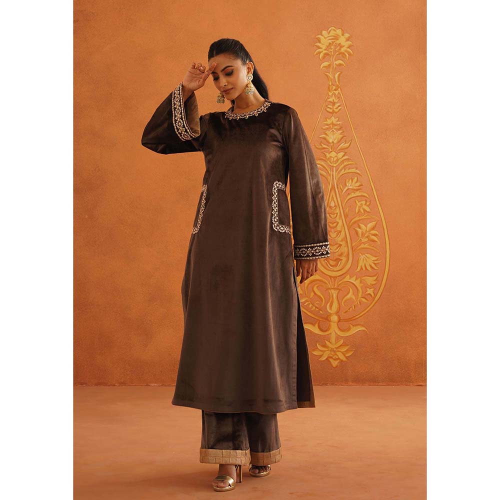 Inej Zeba Brown Straight Kurta with Palazzo and Dupatta (Set of 3)
