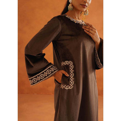 Inej Zeba Brown Straight Kurta with Palazzo and Dupatta (Set of 3)