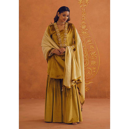 Inej Zeba Mustard Kali Kurta with Sharara and Dupatta (Set of 3)