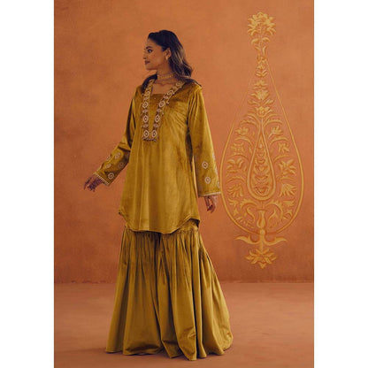 Inej Zeba Mustard Kali Kurta with Sharara and Dupatta (Set of 3)